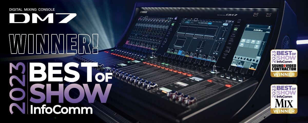 Photo of Yamaha DM7 mixing console and badge of being winner in 2023 info comm best show